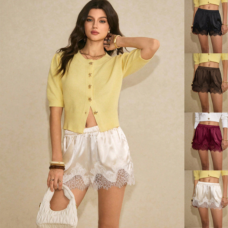Damen Satin-Shorts mit Spitzenbesatz und elastischem Bund Drune