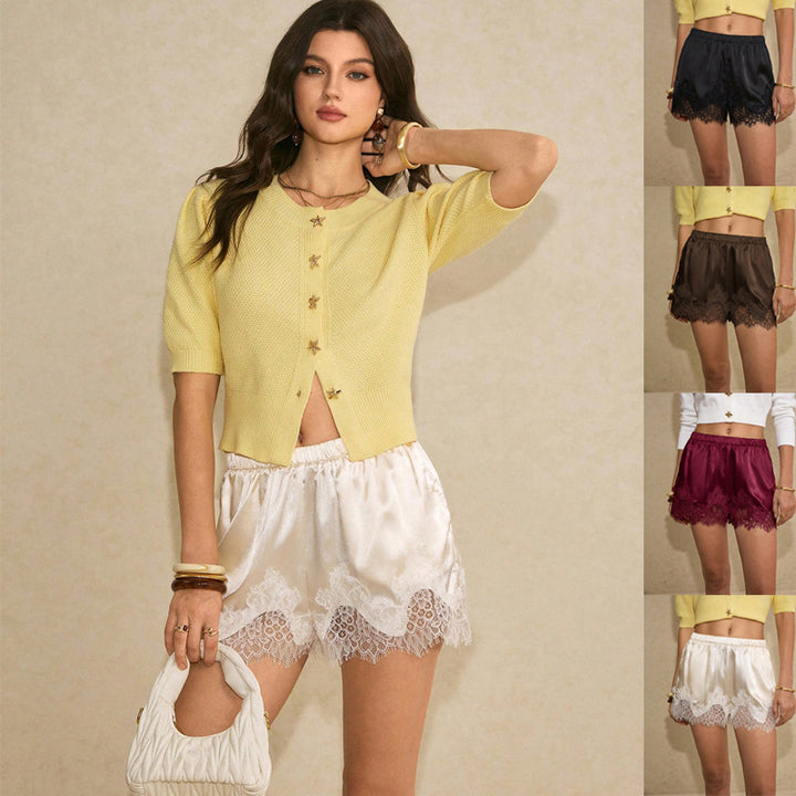 Damen Satin-Shorts mit Spitzenbesatz und elastischem Bund Drune