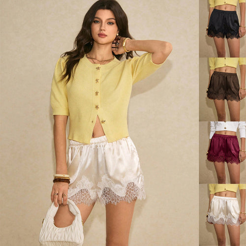 Damen Satin-Shorts mit Spitzenbesatz und elastischem Bund Drune