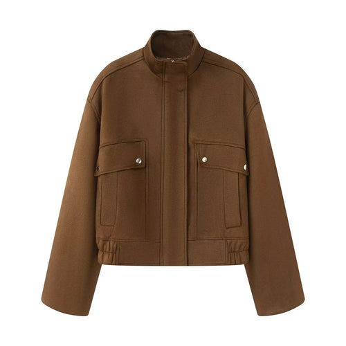 Damen nan kastige Kurzjacke mit Stehkragen, aufgesetzten Klappentaschen und elastischem Saum Drune