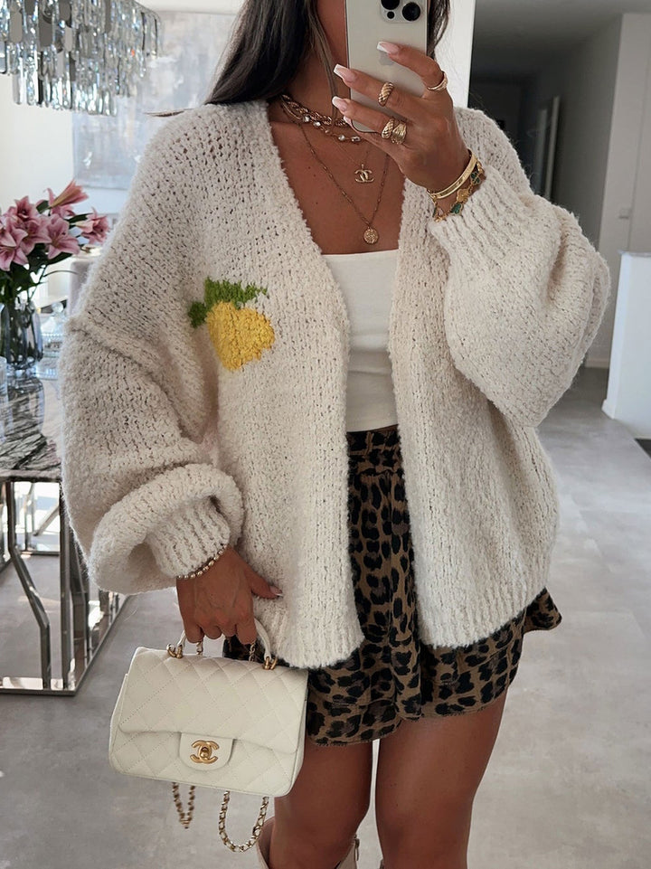 Damen lässige Strickjacke mit fröhlichem Obstdesign und oversized Passform Drune