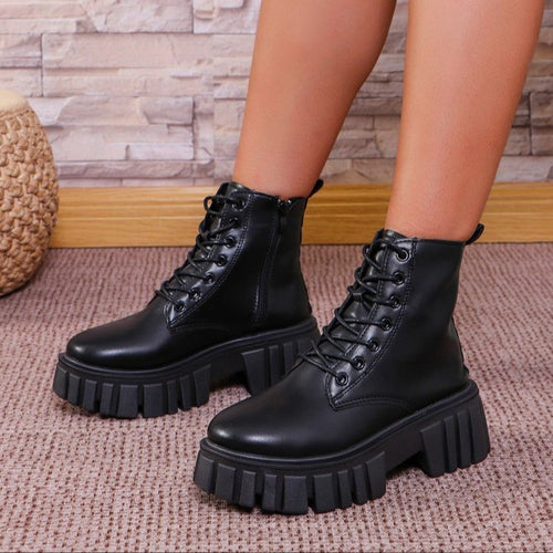 Damen robuste Schnürstiefel mit trendiger Plattformsohle und rutschfester Gummisohle Drune