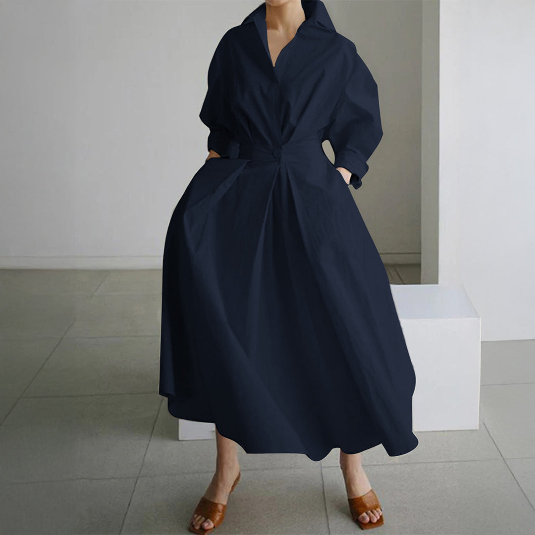 Damen nan tailliertes Hemdblusenkleid mit kastigem Kragen, mittellangen Ärmeln, Seitentaschen und ausgestelltem Tellerrock Drune