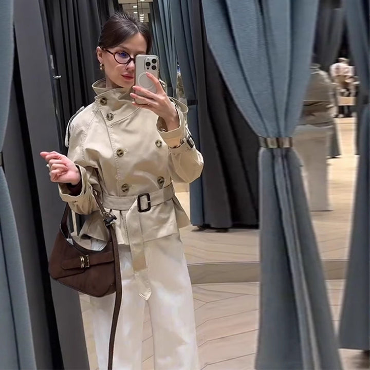 Damen trendige Kurzjacke im modernen Trenchcoat-Stil mit breitem Kragen und Taillengürtel Drune