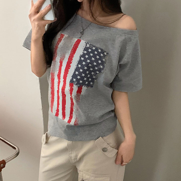 Damen lässiges T-Shirt mit amerikanischem Flaggen-Design und weichem Baumwollmaterial Drune