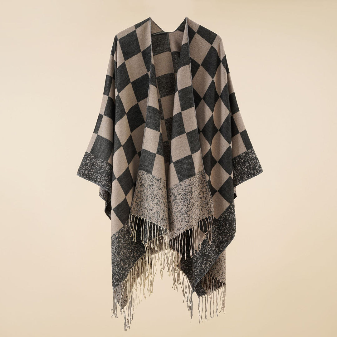 Damen Oversize-Poncho mit Karomuster und Fransen Drune
