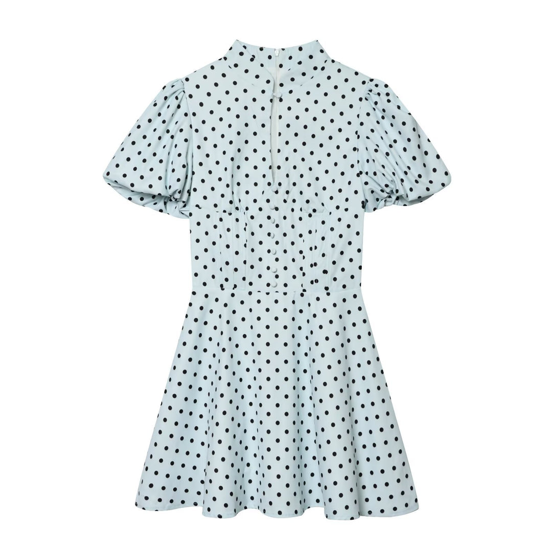 Damen Gepunktetes A‑Linien‑Kleid mit Stehkragen, Taillierung und Ballonärmeln Drune