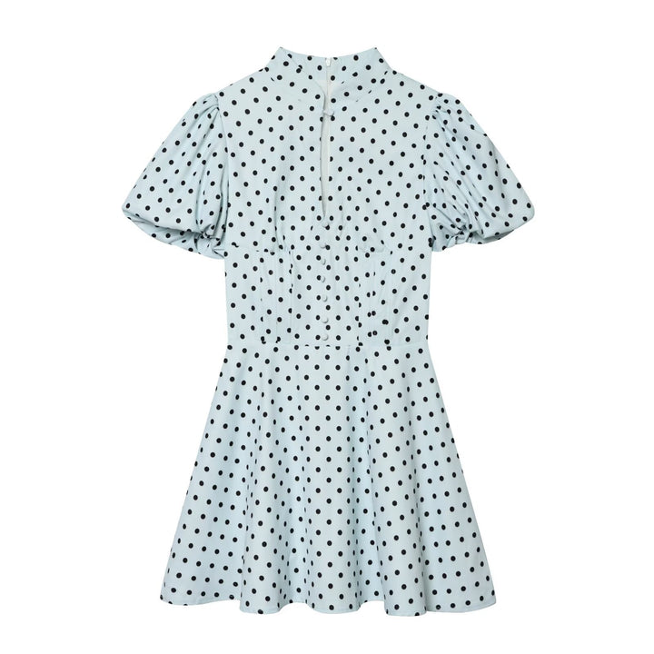 Damen Gepunktetes A‑Linien‑Kleid mit Stehkragen, Taillierung und Ballonärmeln Drune
