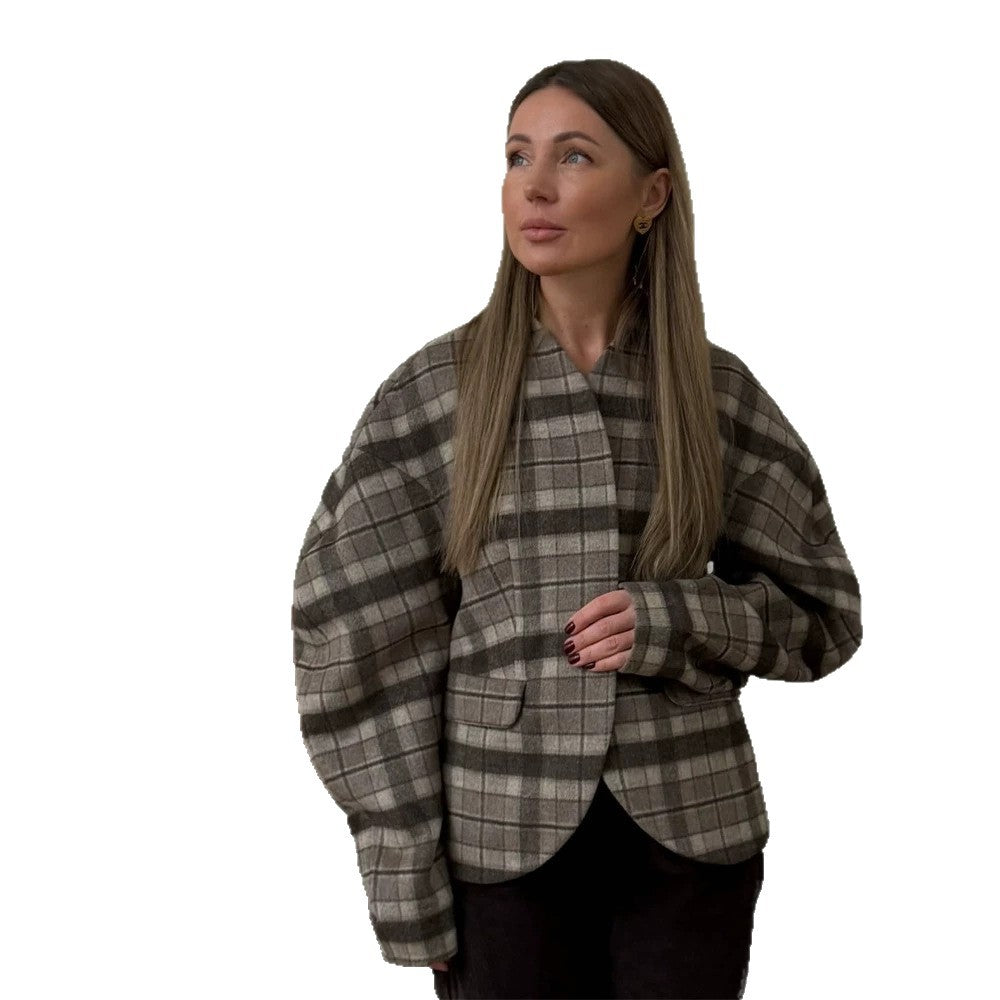 Damen Karierter Boxy‑Blazer mit voluminösen Ballonärmeln Drune