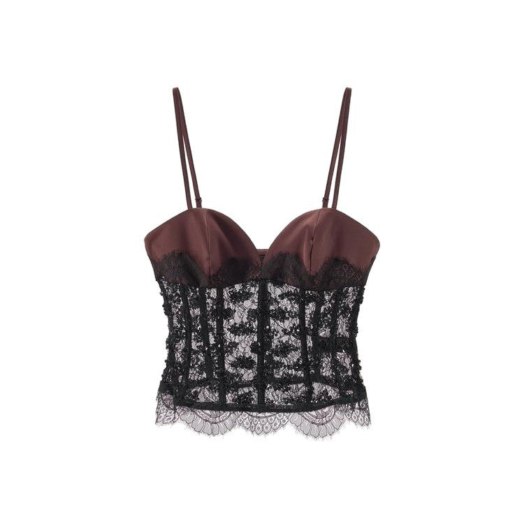 Damen Spitzen-Crop-Top mit herzförmigem Ausschnitt und eleganter Bundkante Drune