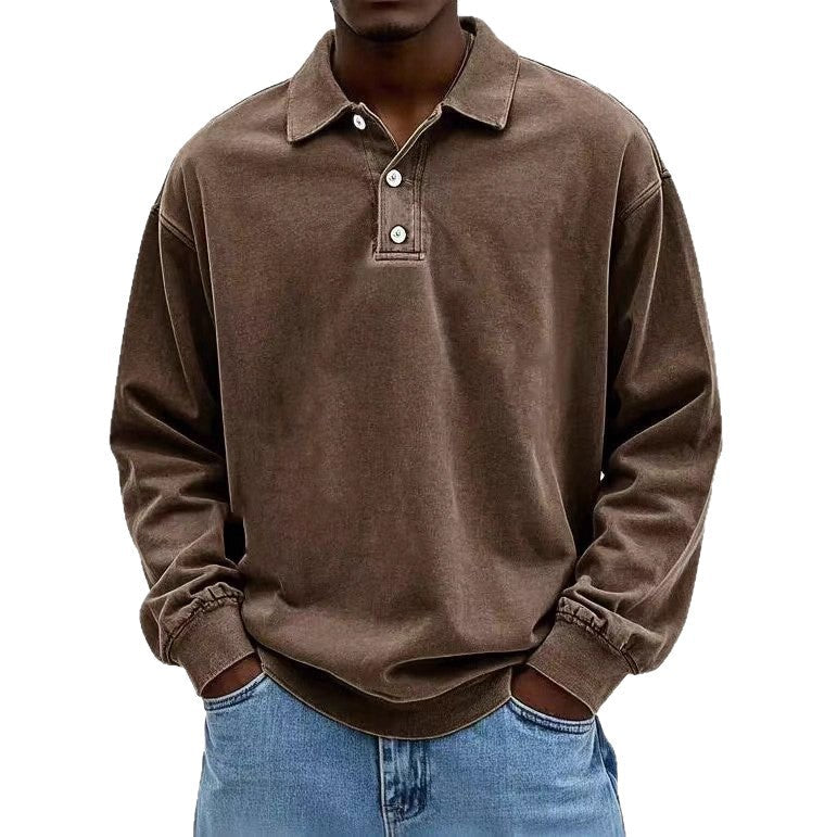 Herren nan lässiges Poloshirt-Sweatshirt mit Kragen, Vintage-Waschung und dreiteiliger Knopfleiste Drune