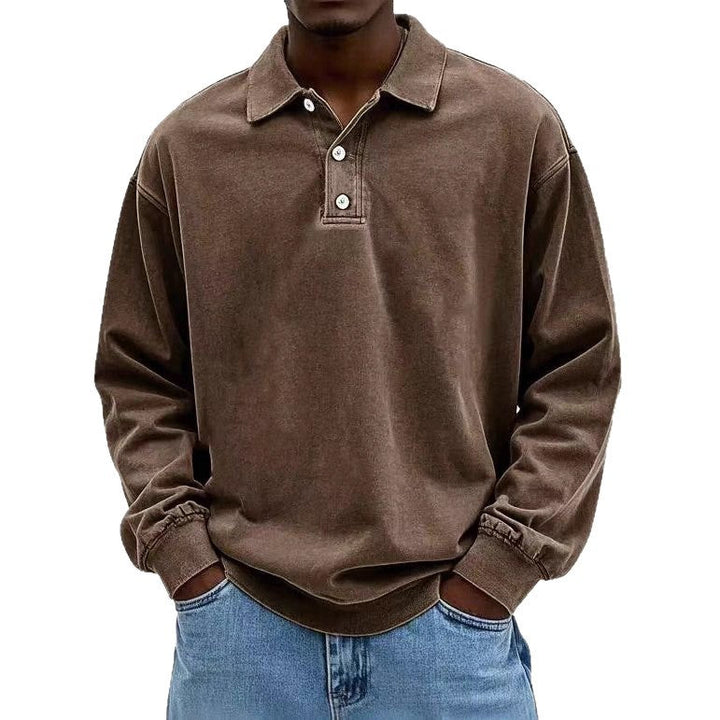 Herren nan lässiges Poloshirt-Sweatshirt mit Kragen, Vintage-Waschung und dreiteiliger Knopfleiste Drune