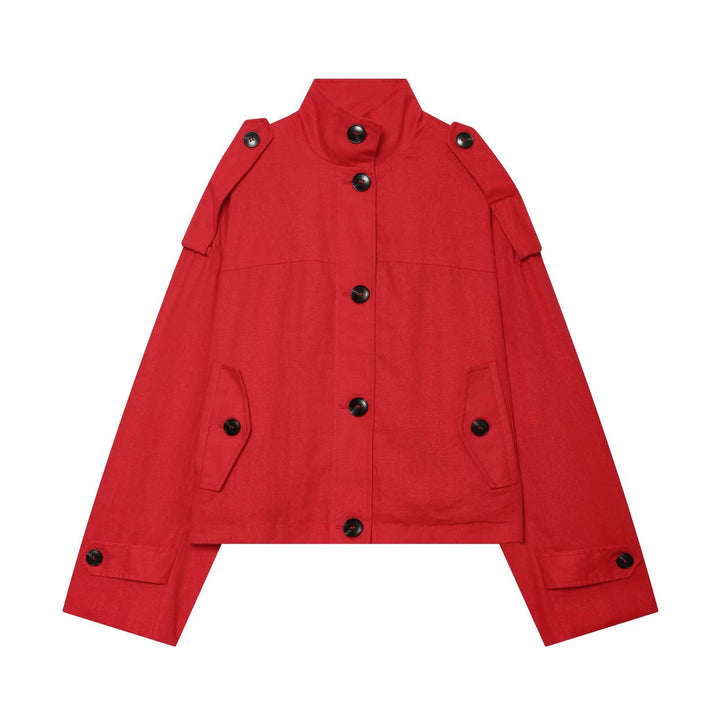 Damen Kurzjacke mit Stehkragen, Schulterriegeln und Knopfverschluss Drune