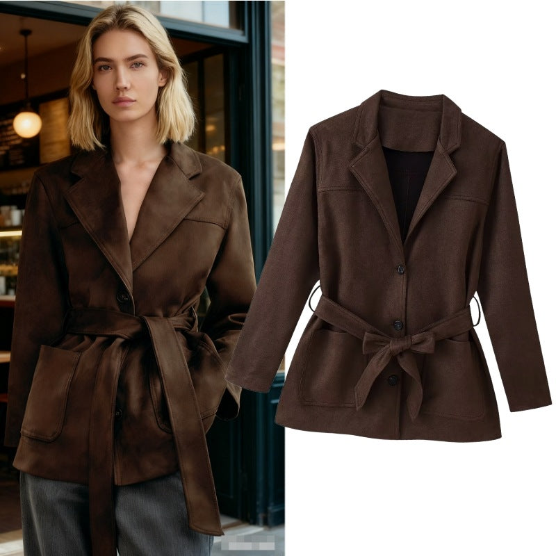 Damen Taillierter Wildlederoptik-Blazer mit Bindegürtel und aufgesetzten Taschen Drune