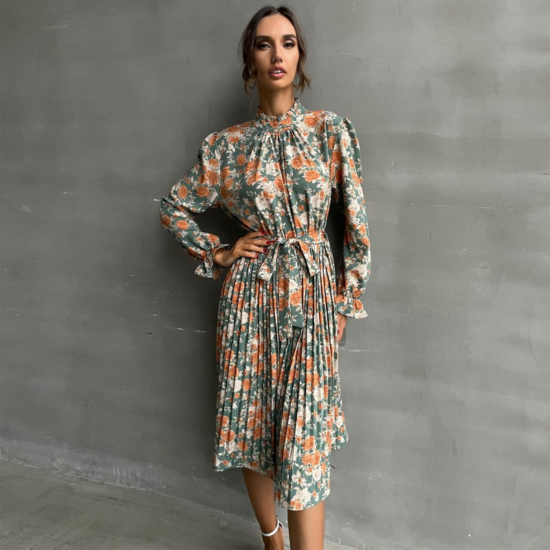 Damen Plissiertes Midikleid mit Rüschenkragen, Bindegürtel und floralem Allover-Print Drune
