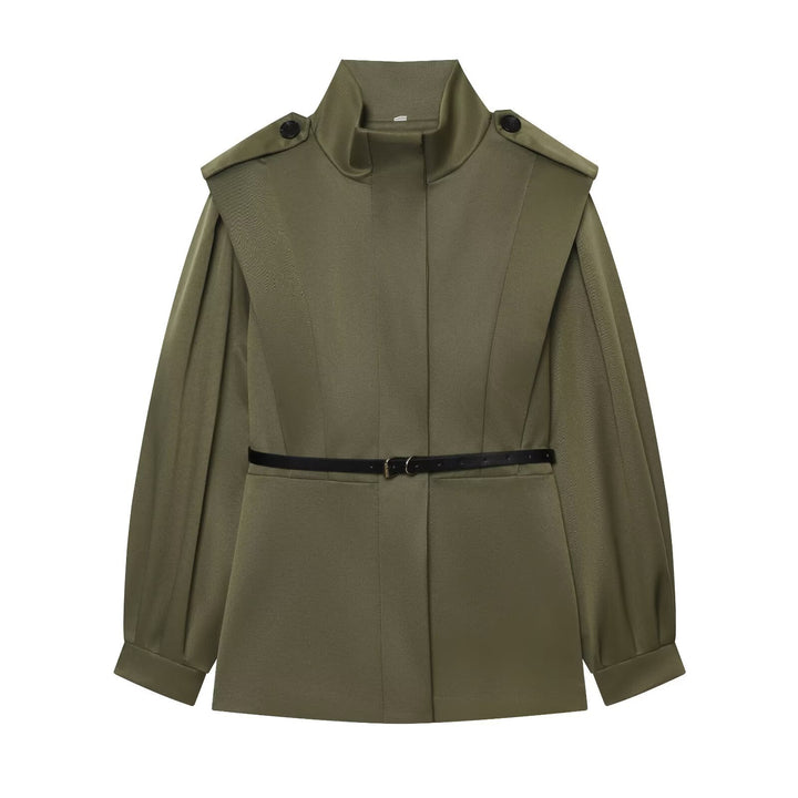 Damen Cape-ähnliche Manteljacke mit Stehkragen, Schulterklappen und Taillengürtel Drune