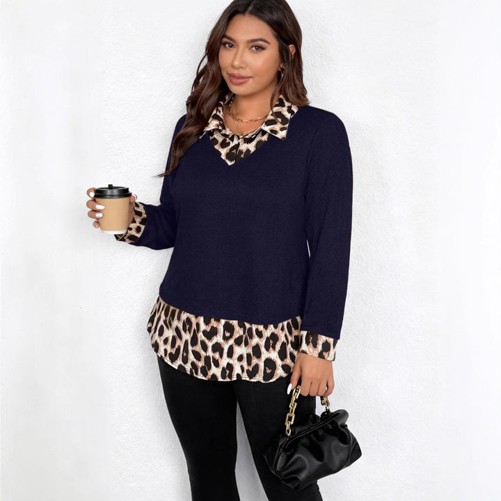 Damen Lagenlook-Pullover mit V-Ausschnitt und Leoprint-Blusen-Einsatz Drune
