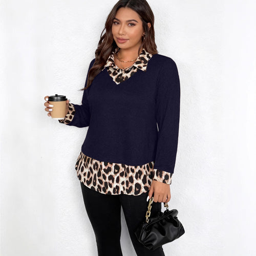 Damen Lagenlook-Pullover mit V-Ausschnitt und Leoprint-Blusen-Einsatz Drune