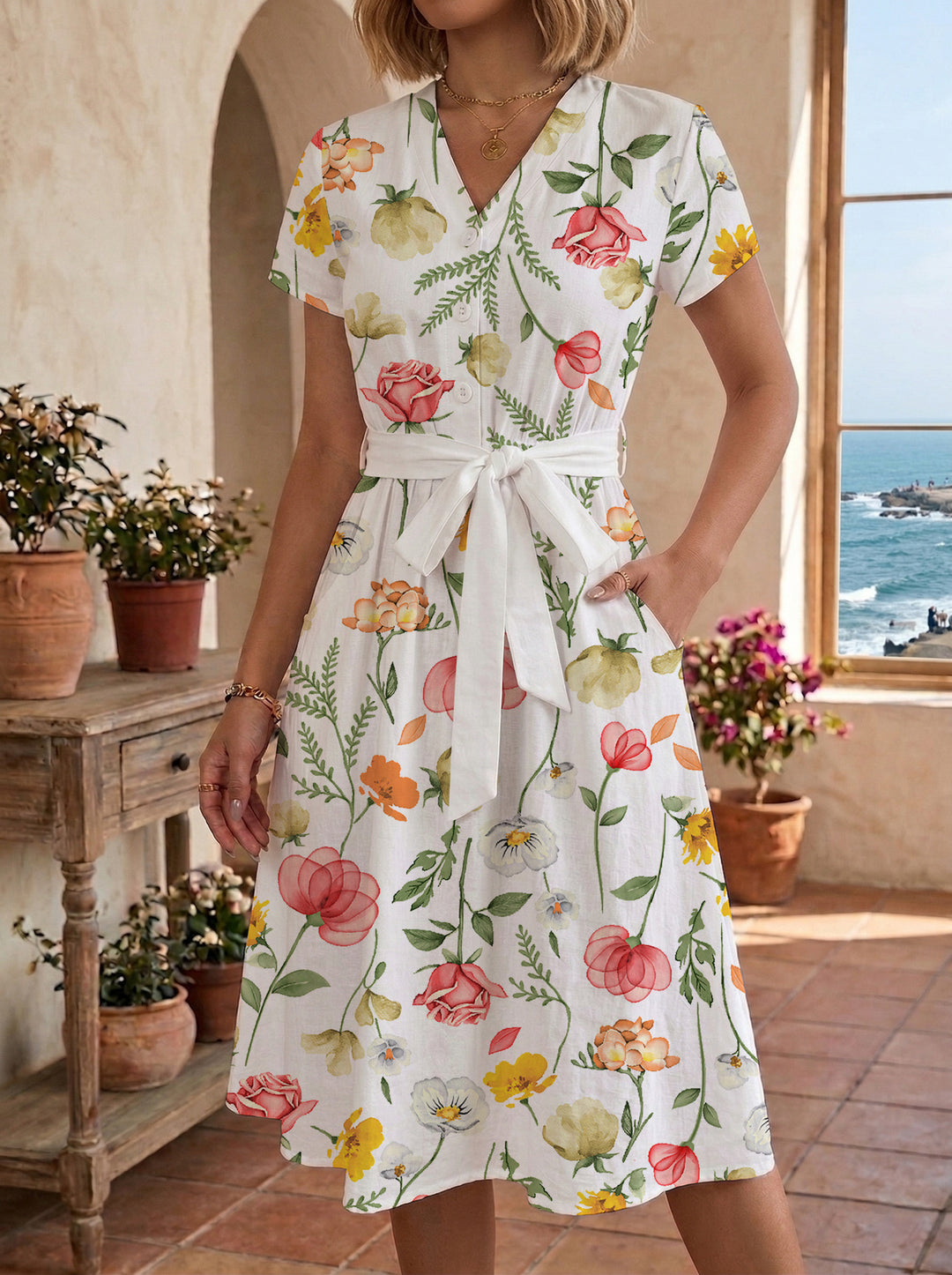 Damen Midikleid mit floralem Muster und Taillengürtel Drune