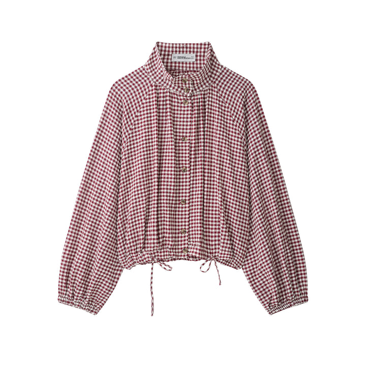 Damen Karo-Bluse mit Stehkragen, Knopfleiste und Tunnelzug-Saum Drune