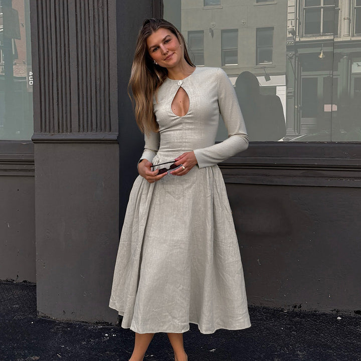 Damen elegantes Midikleid mit schickem Ausschnitt und taillierter Silhouette Drune