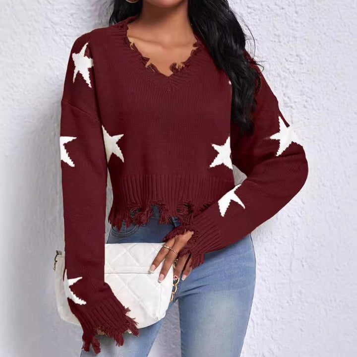 Damen modischer Sweatpullover mit Sternenmotiv und ausgefranstem Saum Drune