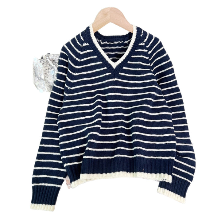 Damen gestreifter V-Ausschnitt Pullover im lässigen Stil Drune