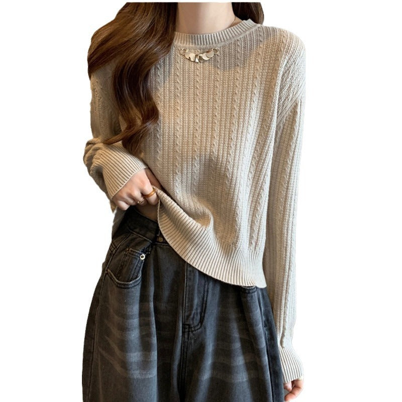 Damen lockerer Strickpullover mit feiner Rippstruktur und eleganter Kragenverzierung Drune