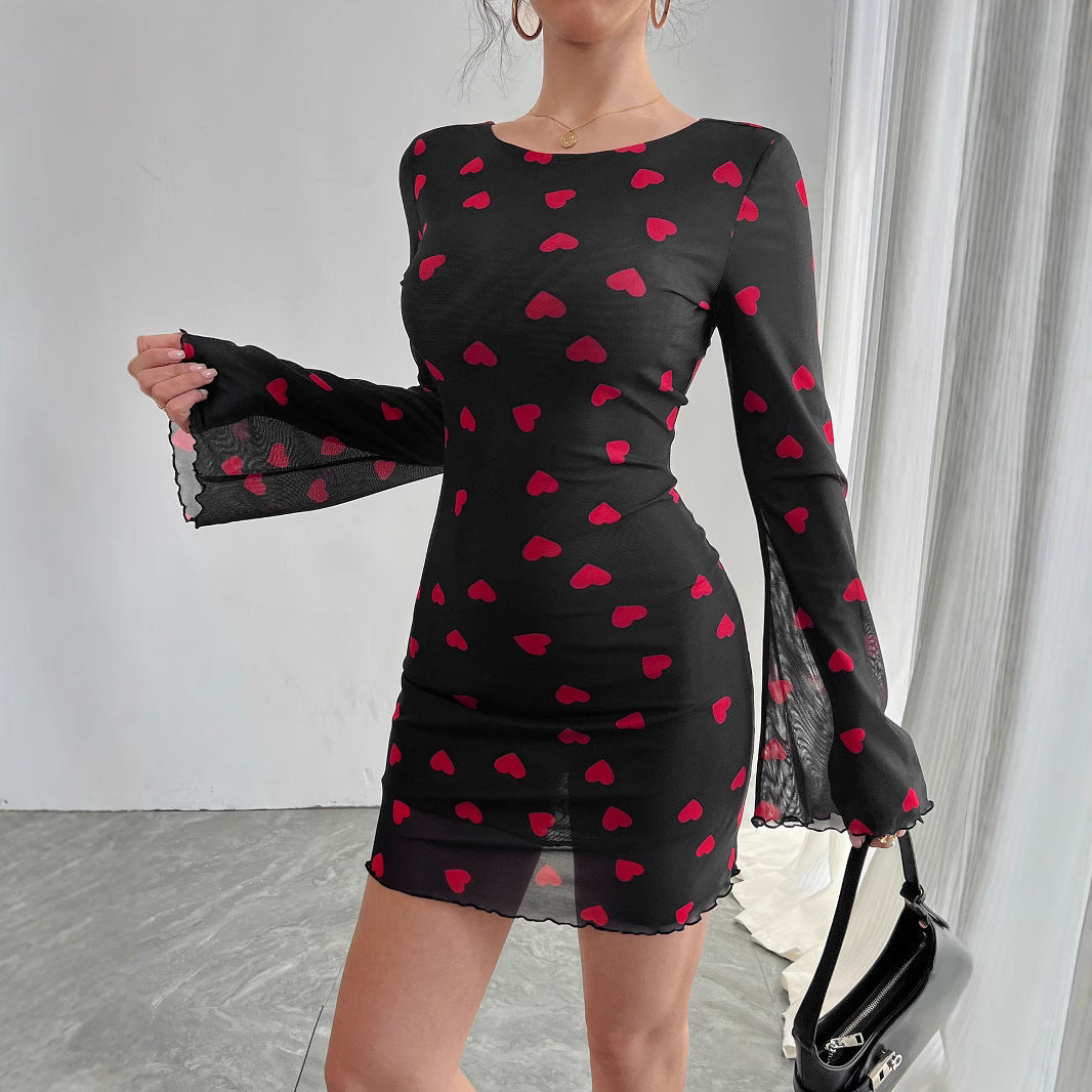 Damen nan figurbetontes Mini-Kleid aus feinem Netzstoff mit Herzmuster und Trompetenärmeln Drune