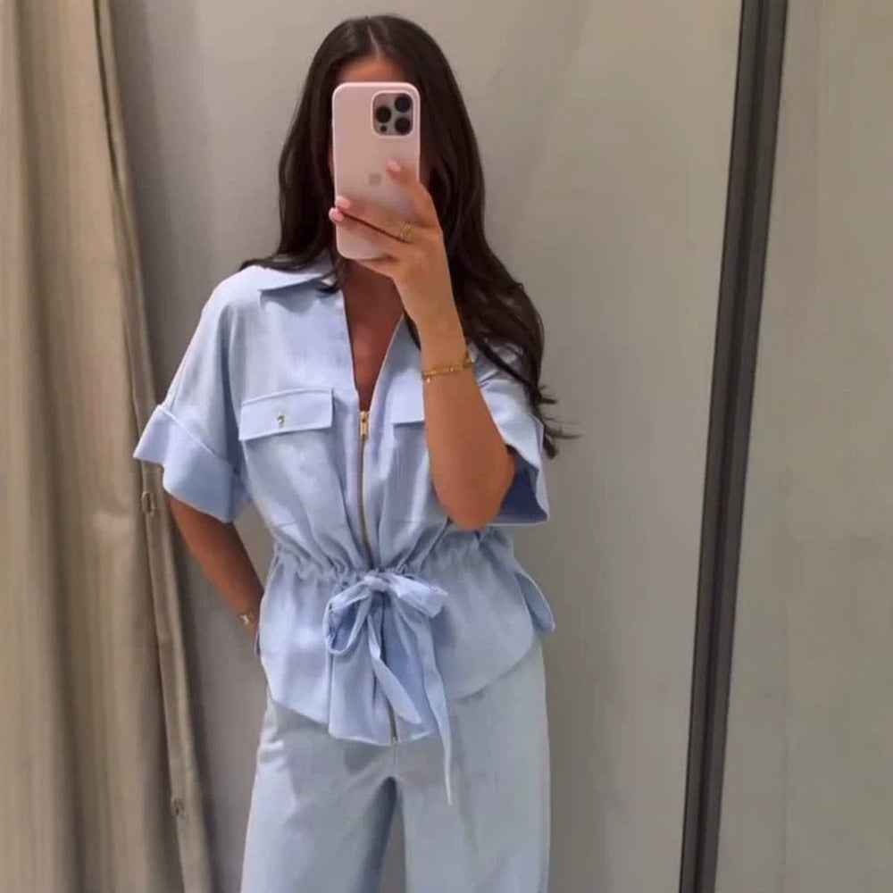Damen Kurzarm-Bluse mit Reißverschluss, Brusttaschen & Tunnelzug-Taille Drune