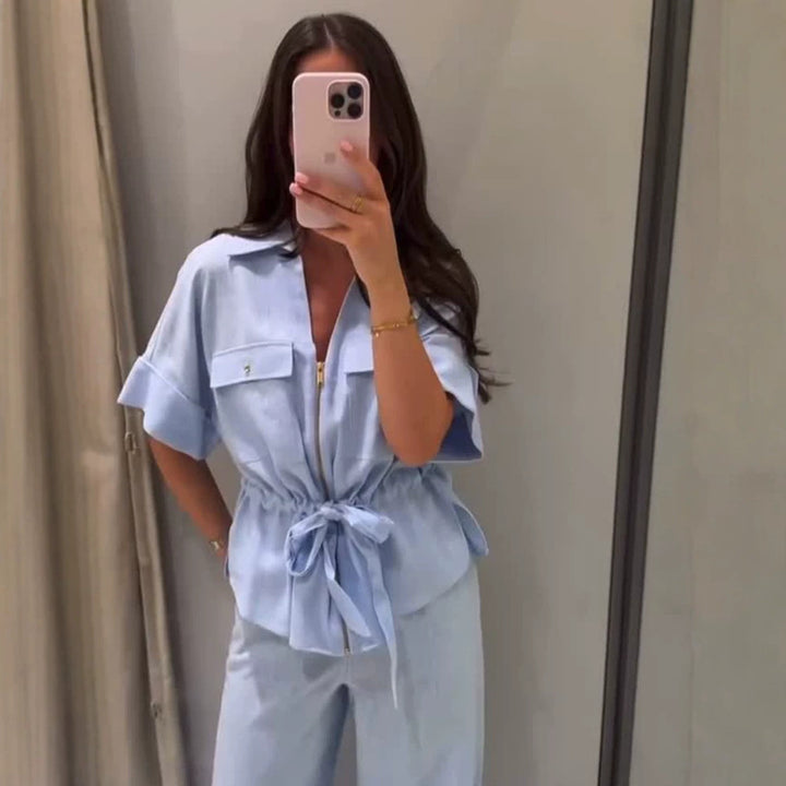 Damen Kurzarm-Bluse mit Reißverschluss, Brusttaschen & Tunnelzug-Taille Drune