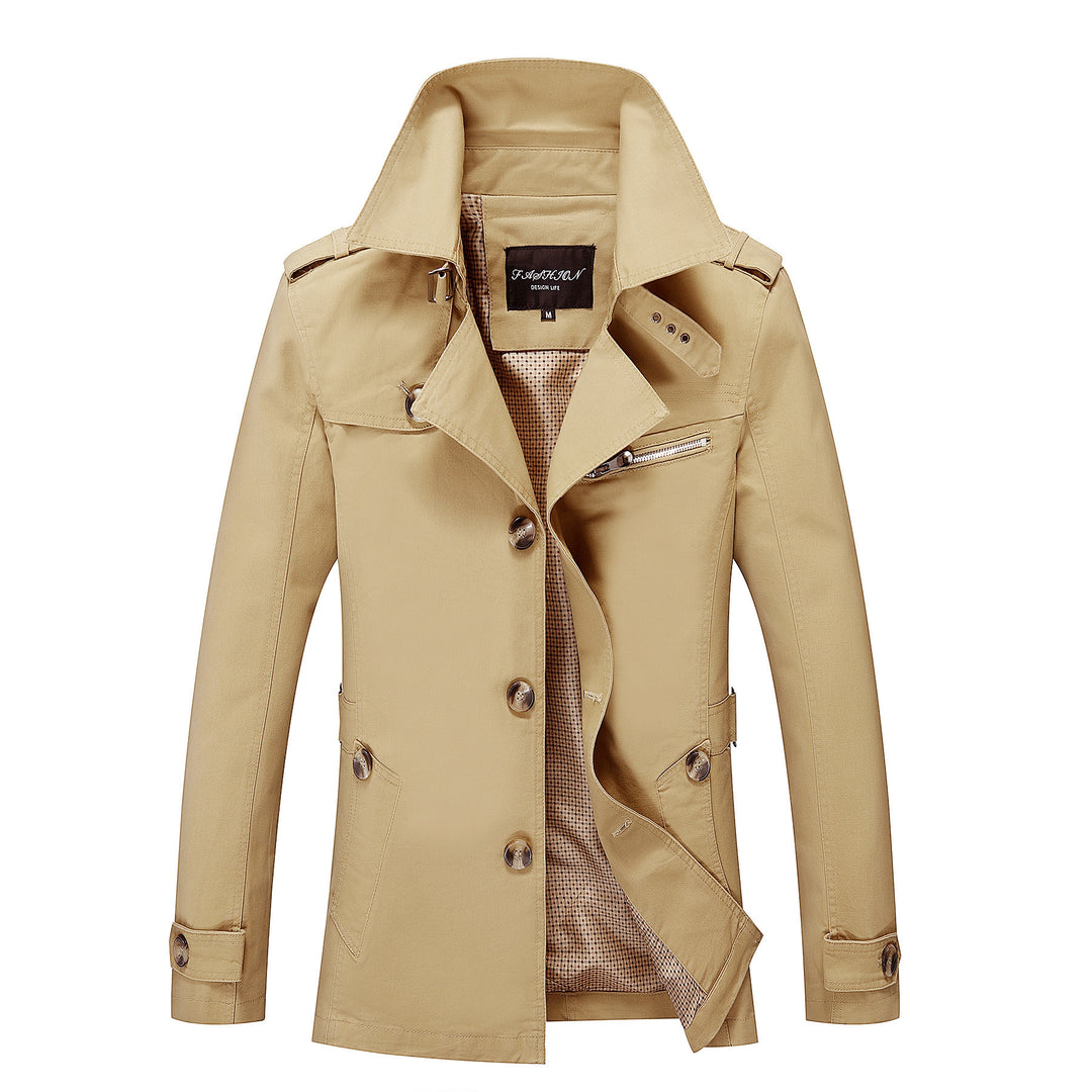 Herren Moderner Field-Trenchcoat mit Stehkragen, Schulterepauletten und kariertem Innenfutter Drune
