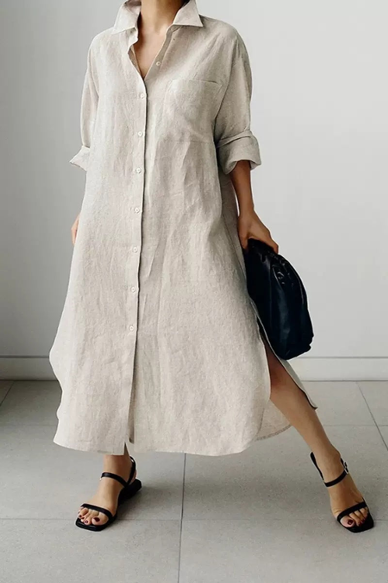 Damen Oversize-Leinen-Hemdmaxikleid mit Stehkragen, Krempelärmeln und hohen Seitenschlitzen Drune