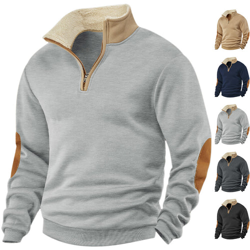Herren nan Fleece-Halbzippullover mit Sherpa-Kragen und Ellenbogenpatches Drune