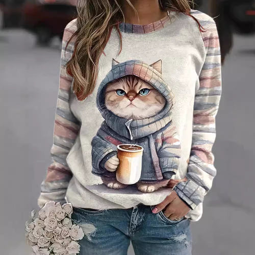 Damen nan lässiges Sweatshirt mit großem Kätzchen-Frontprint und gestreiften Raglanärmeln Drune