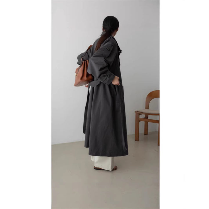 Damen Oversize Maxi-Trenchcoat mit Taillengürtel und doppelter Knopfleiste Drune