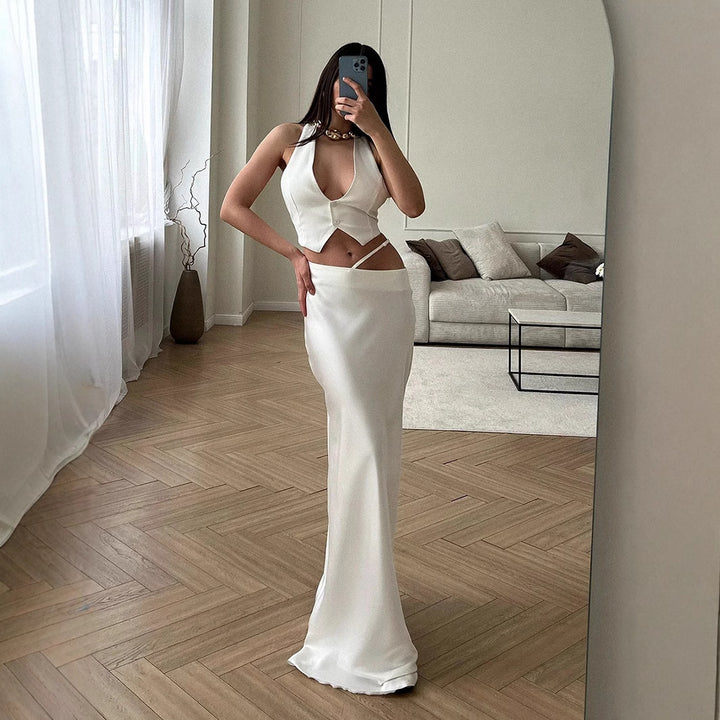 Damen Elegantes Maxikleid mit schulterfreiem Design und seidigem Finish Drune
