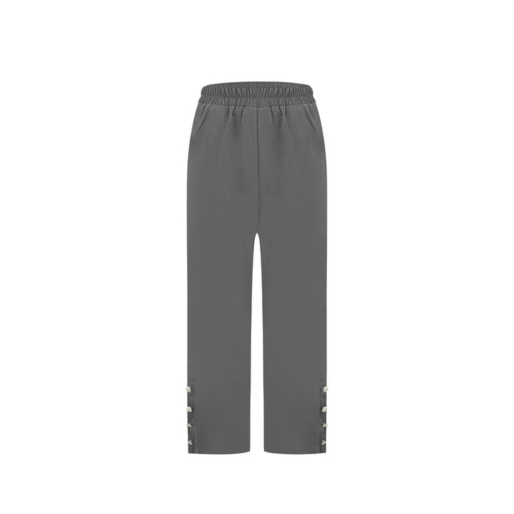 Damen Locker geschnittene High‑Waist Freizeithose mit Elastikbund und Zier‑Druckknopfleiste am Bein Drune