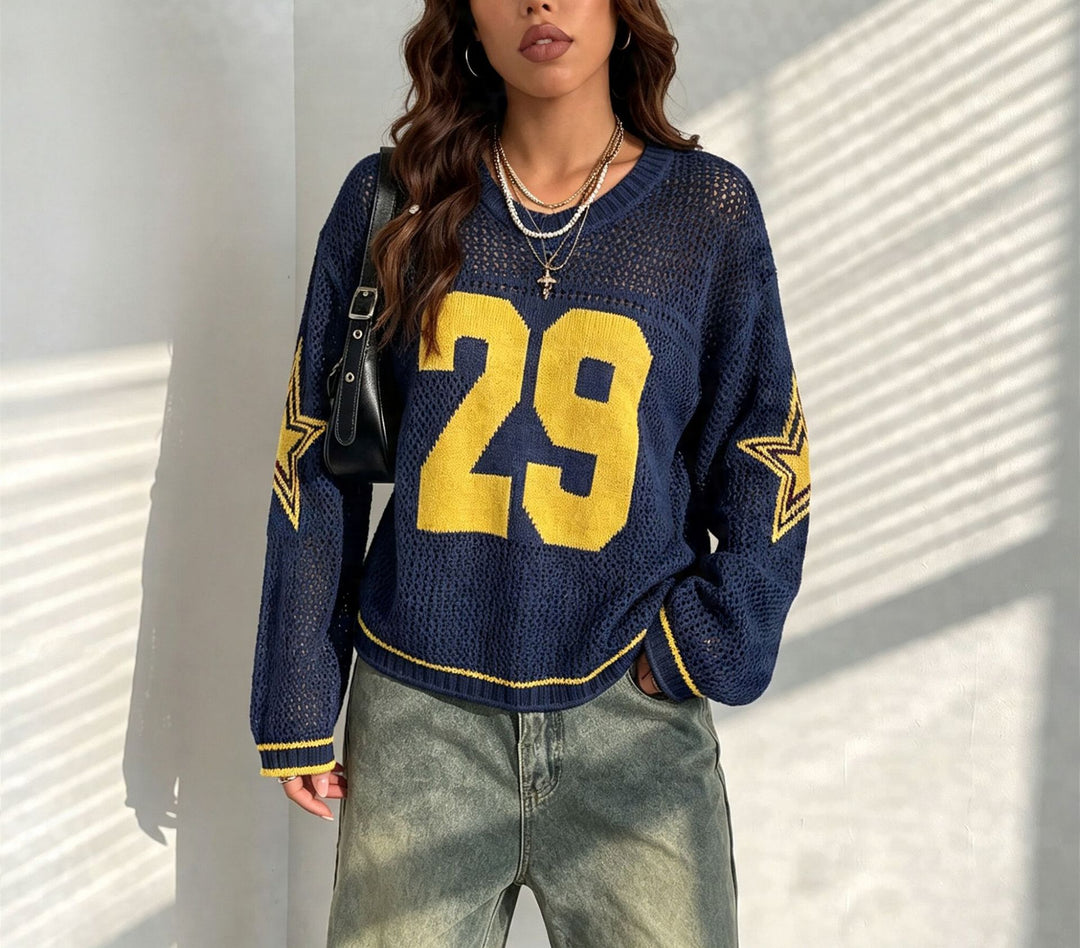 Damen Oversize Netz-Strick Cropped Pullover mit V-Ausschnitt Drune