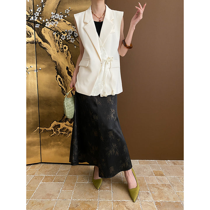 Damen elegante Weste mit Bindegürtel und stilvollen Taschen Drune