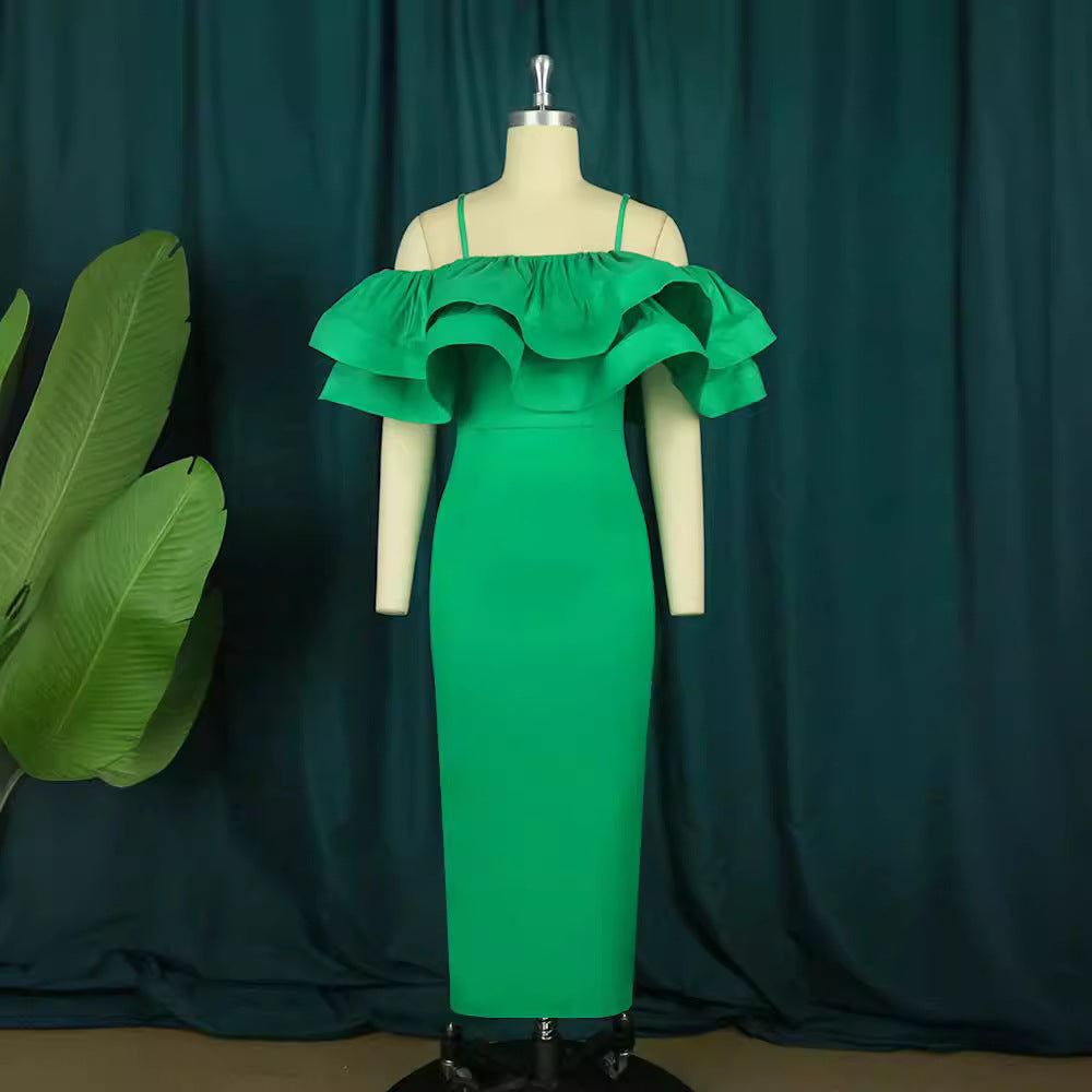 Damen Figurbetontes Satin-Kleid mit voluminösen Rüschen Drune
