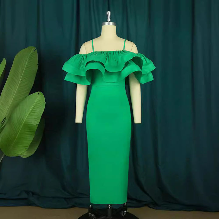 Damen Figurbetontes Satin-Kleid mit voluminösen Rüschen Drune