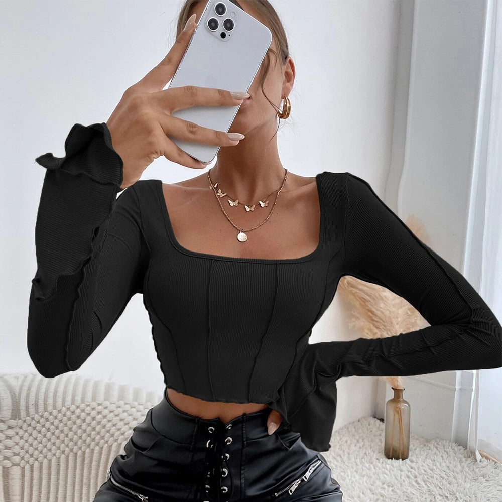 Damen Couture Crop-Top mit quadratischem Ausschnitt und langen Ärmeln Drune