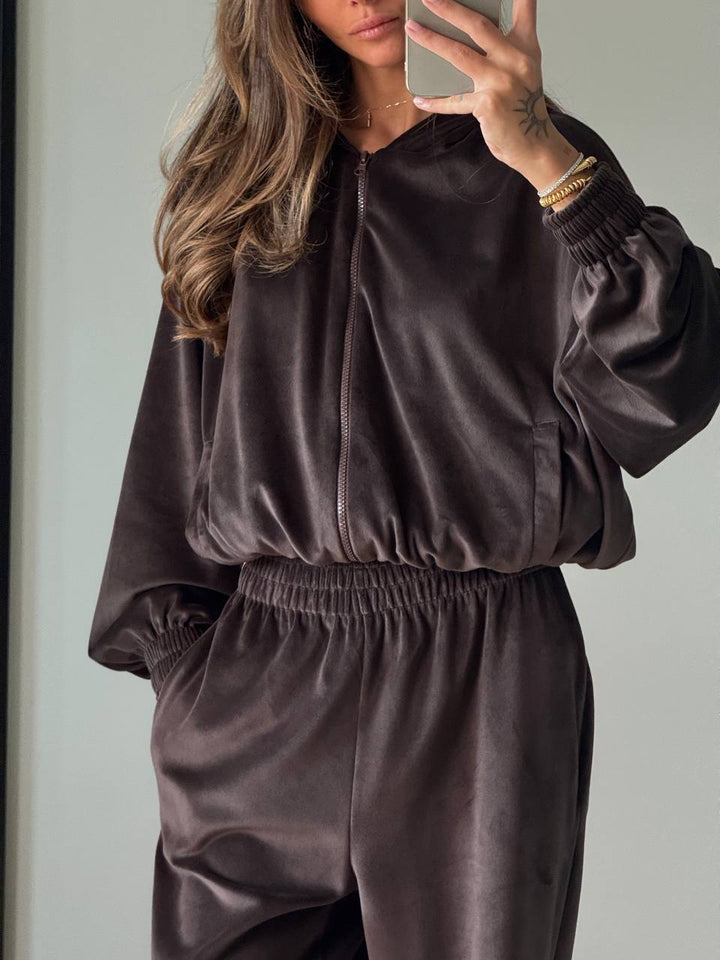 Damen Fleece-Loungewear-Anzug mit modernem Reißverschluss und weitem Schnitt Drune