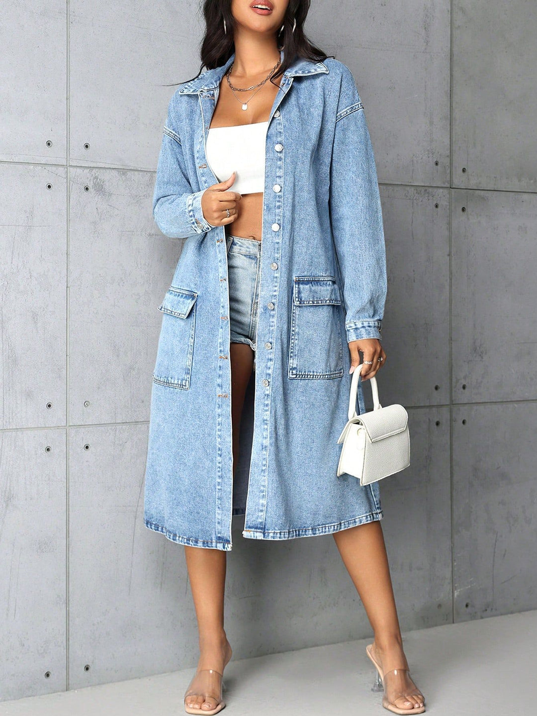 Damen Jeansjacke im長 Belichtungs-Vintage-Stil mit praktischen Taschen und Knopfleiste Drune