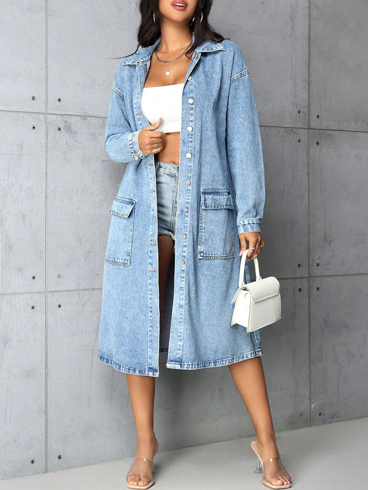 Damen Jeansjacke im長 Belichtungs-Vintage-Stil mit praktischen Taschen und Knopfleiste Drune