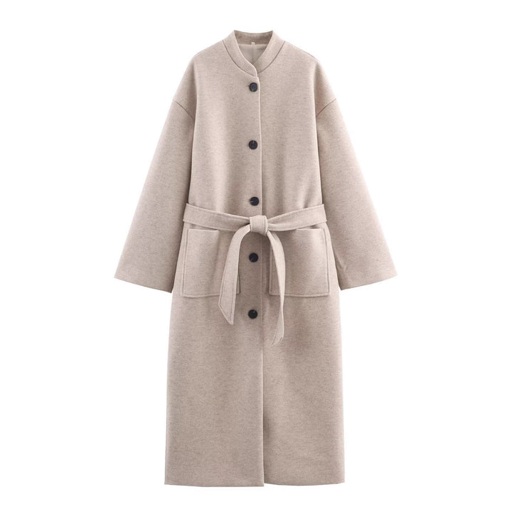 Damen Langer minimalistischer Wollmix-Kimono-Mantel mit Bindegürtel Drune