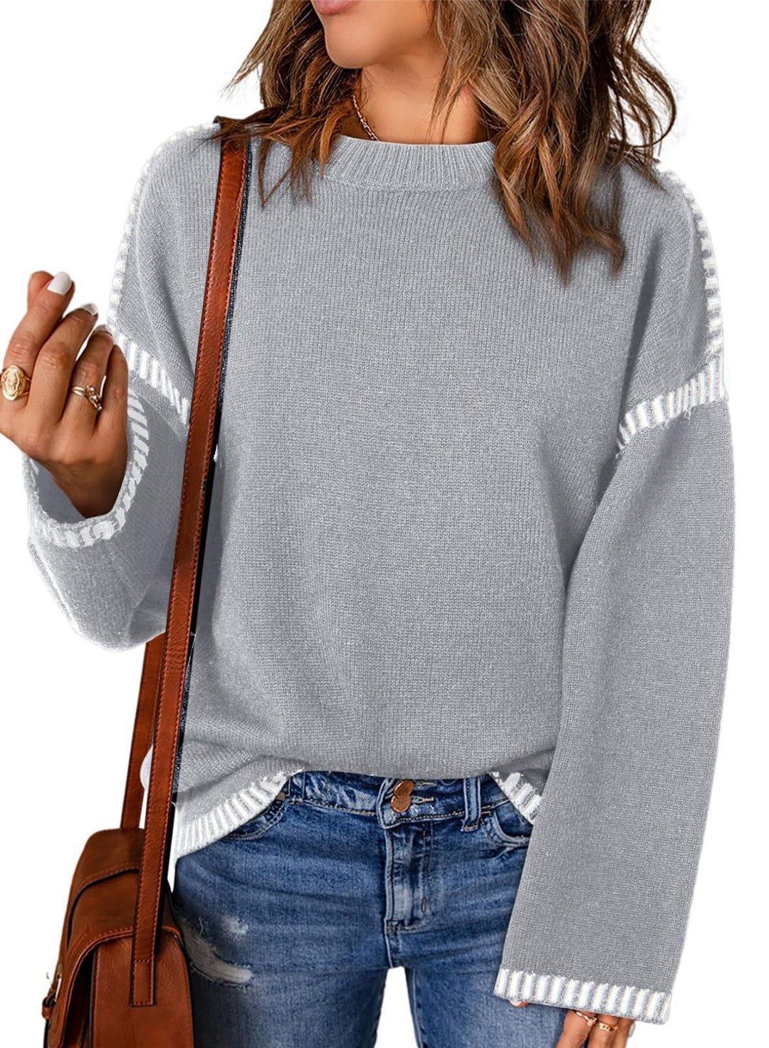 Damen Grobstrickpullover mit modischem Kontrastsaum und weiten Ärmeln Drune