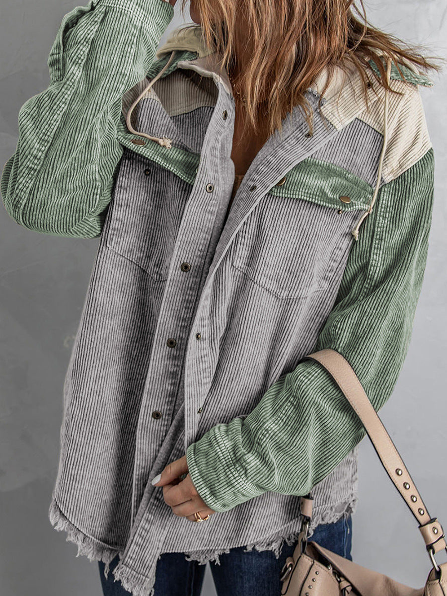 Drune | Jacke mit Kapuze - Oversized Fit - Cord-Textur - Knopfverschluss - Fransenrand