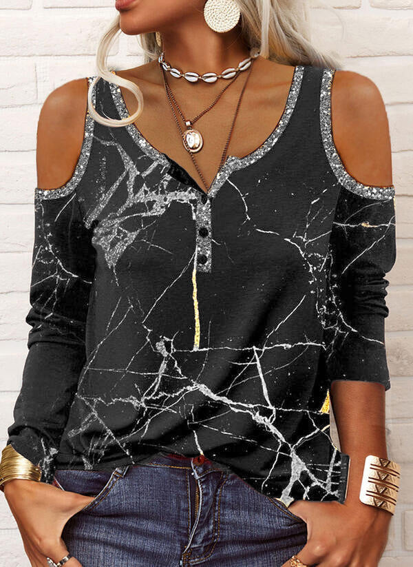 Damen Off-Shoulder Langarm Henley-Oberteil mit Marmorprint und Paillettenbesatz Drune